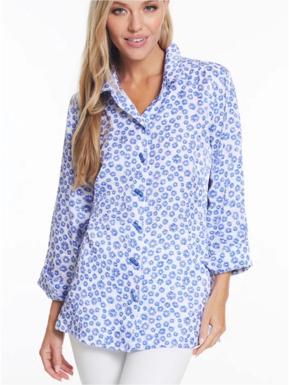 Multiples Women'sWhite Blue Floral Sparkle Shiny Button Up Career Woven Top Sz L